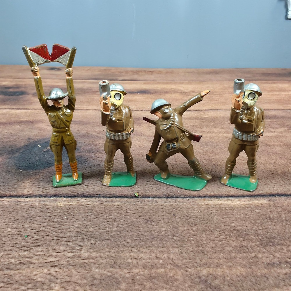 Barclay WWI Toy Soldiers Set of 4 Brown Good Gas Mask Signalman Grenade Thrower